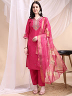 Embroidered Kurta With Pant & Printed Organza Dupatta, Pink - Hiral Fashion - Distacart