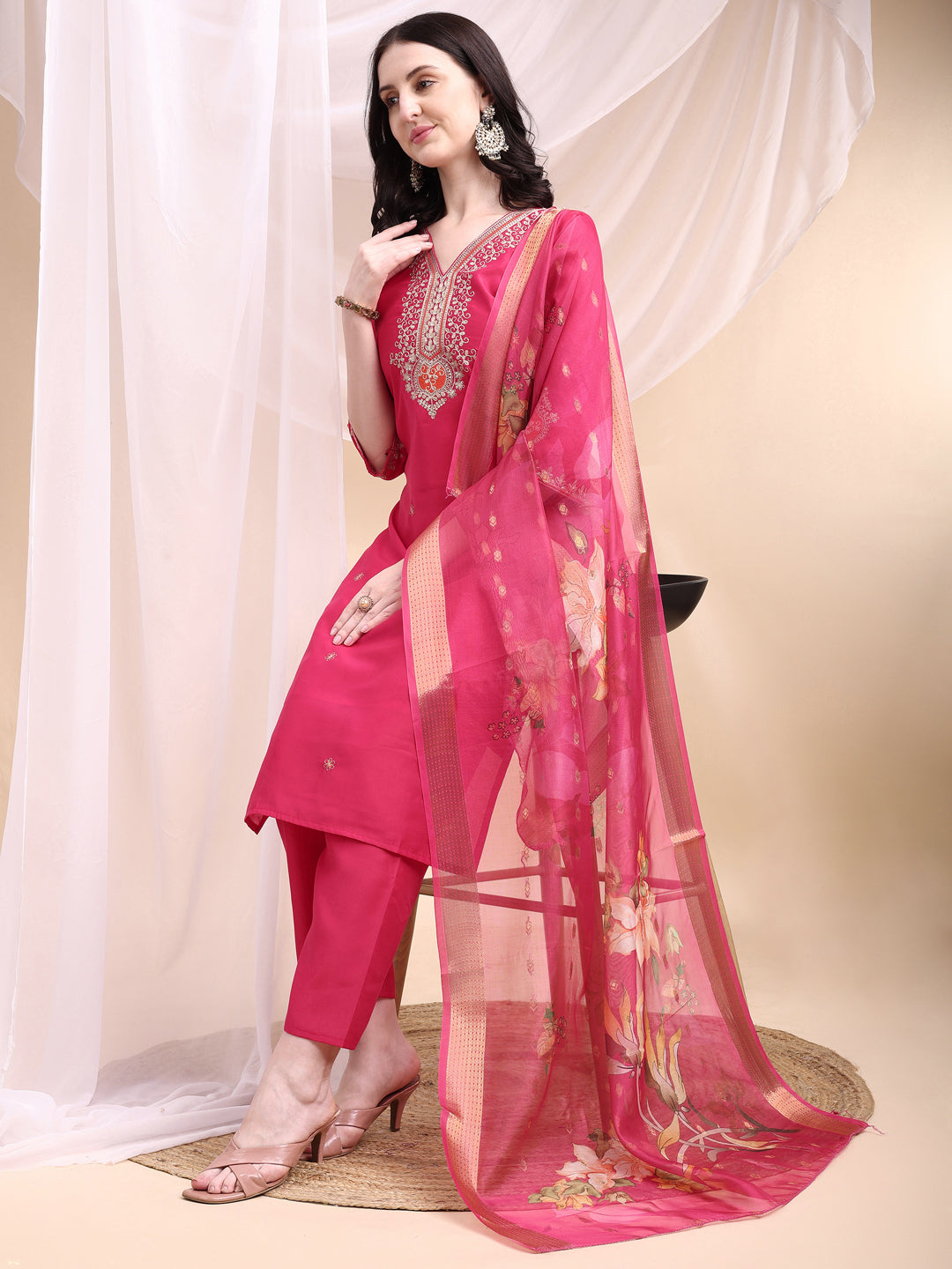 Embroidered Kurta With Pant & Printed Organza Dupatta, Pink - Hiral Fashion - Distacart
