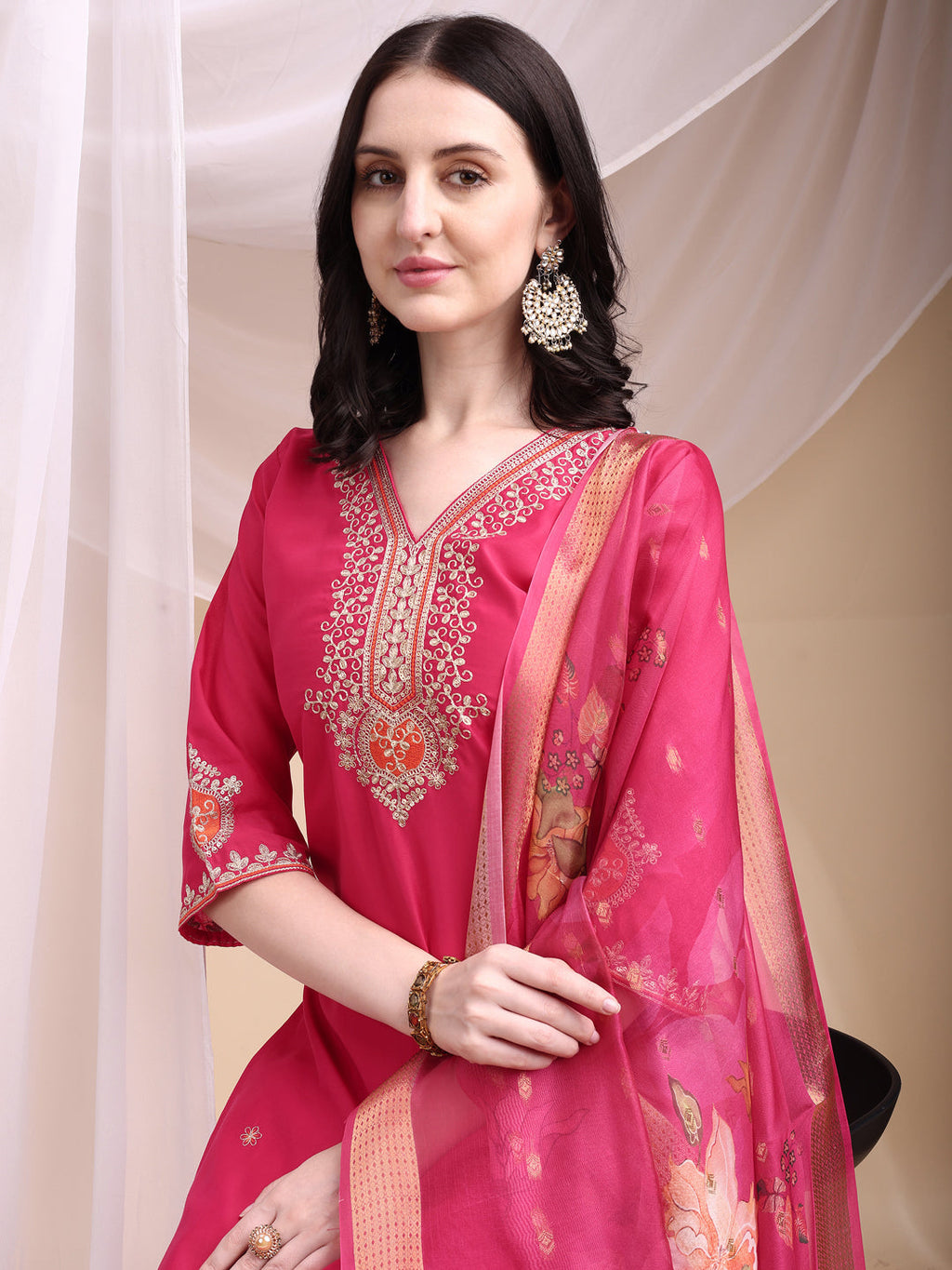 Embroidered Kurta With Pant & Printed Organza Dupatta, Pink - Hiral Fashion - Distacart