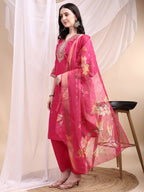 Embroidered Kurta With Pant & Printed Organza Dupatta, Pink - Hiral Fashion - Distacart