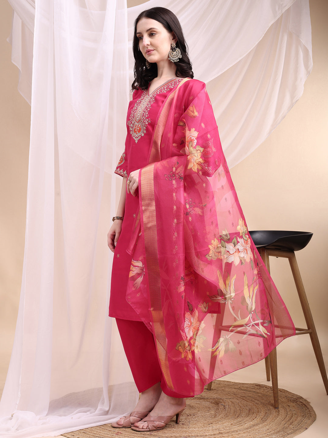 Embroidered Kurta With Pant & Printed Organza Dupatta, Pink - Hiral Fashion - Distacart