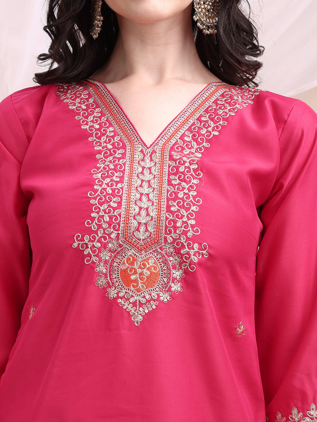 Embroidered Kurta With Pant & Printed Organza Dupatta, Pink - Hiral Fashion - Distacart