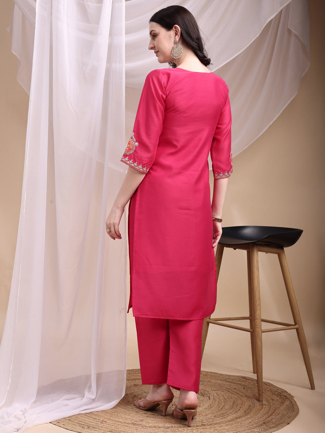 Embroidered Kurta With Pant & Printed Organza Dupatta, Pink - Hiral Fashion - Distacart
