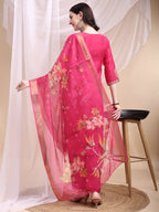 Embroidered Kurta With Pant & Printed Organza Dupatta, Pink - Hiral Fashion - Distacart