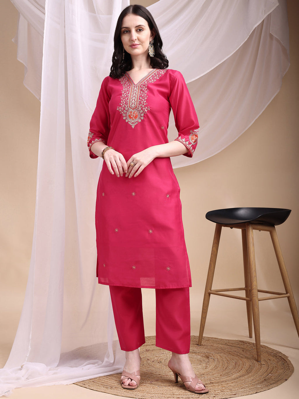 Embroidered Kurta With Pant & Printed Organza Dupatta, Pink - Hiral Fashion - Distacart