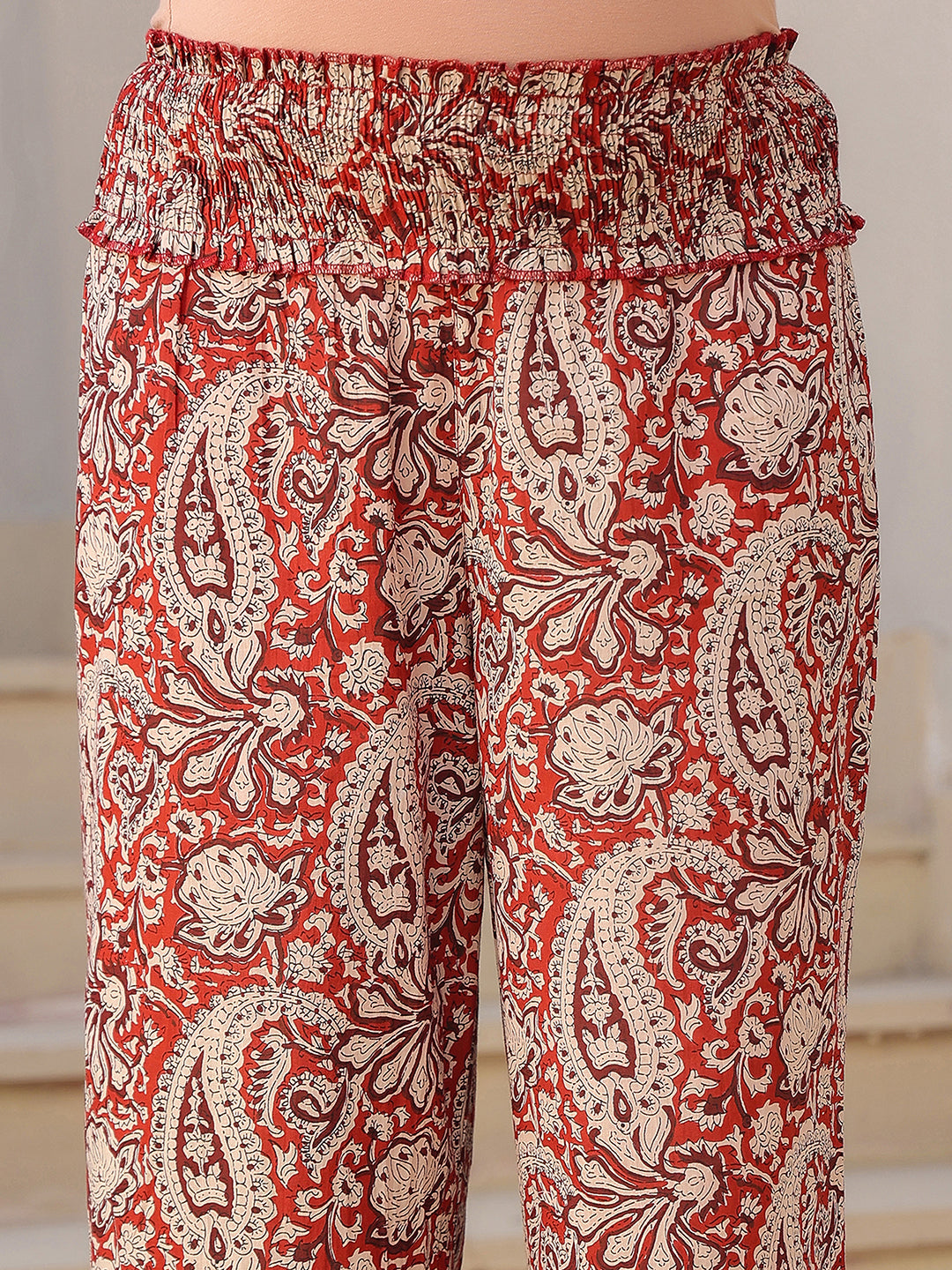 Janasya Dark Cotton Paisley A-Line Top & Bottom Set