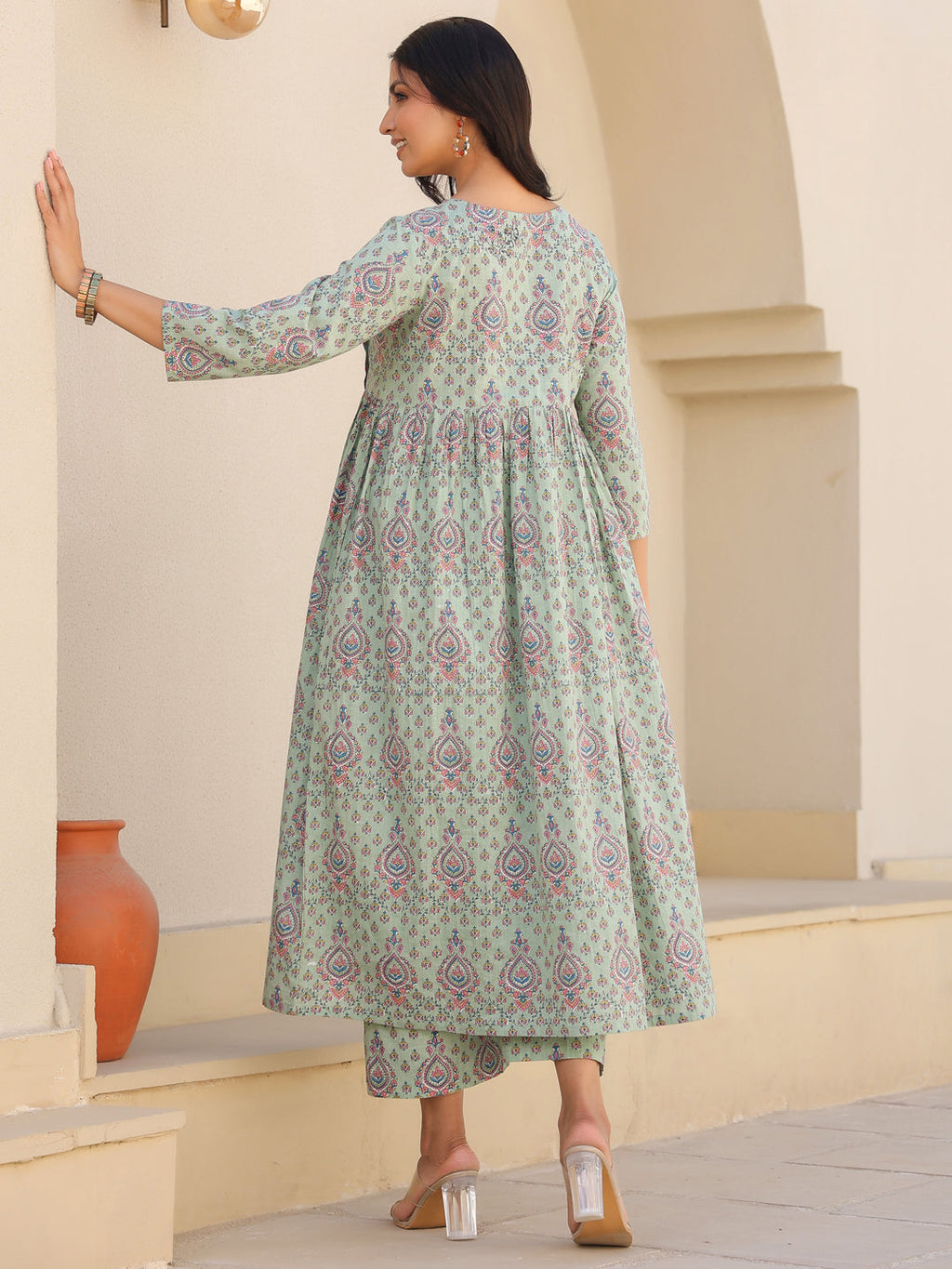 Janasya Light Cotton Floral A-Line Top & Bottom Set