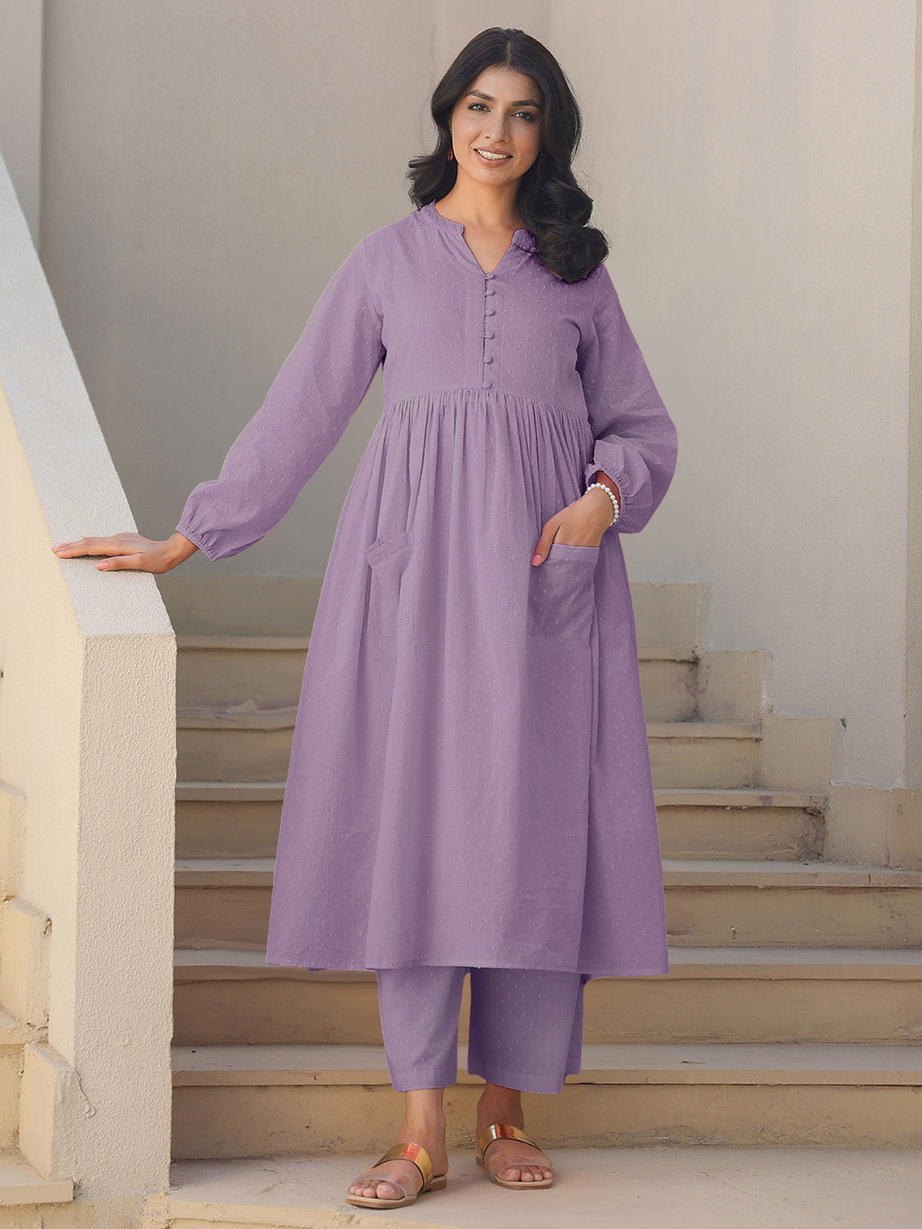Janasya Light Dobby Cotton Self Design A-Line Kurta Set - Distacart