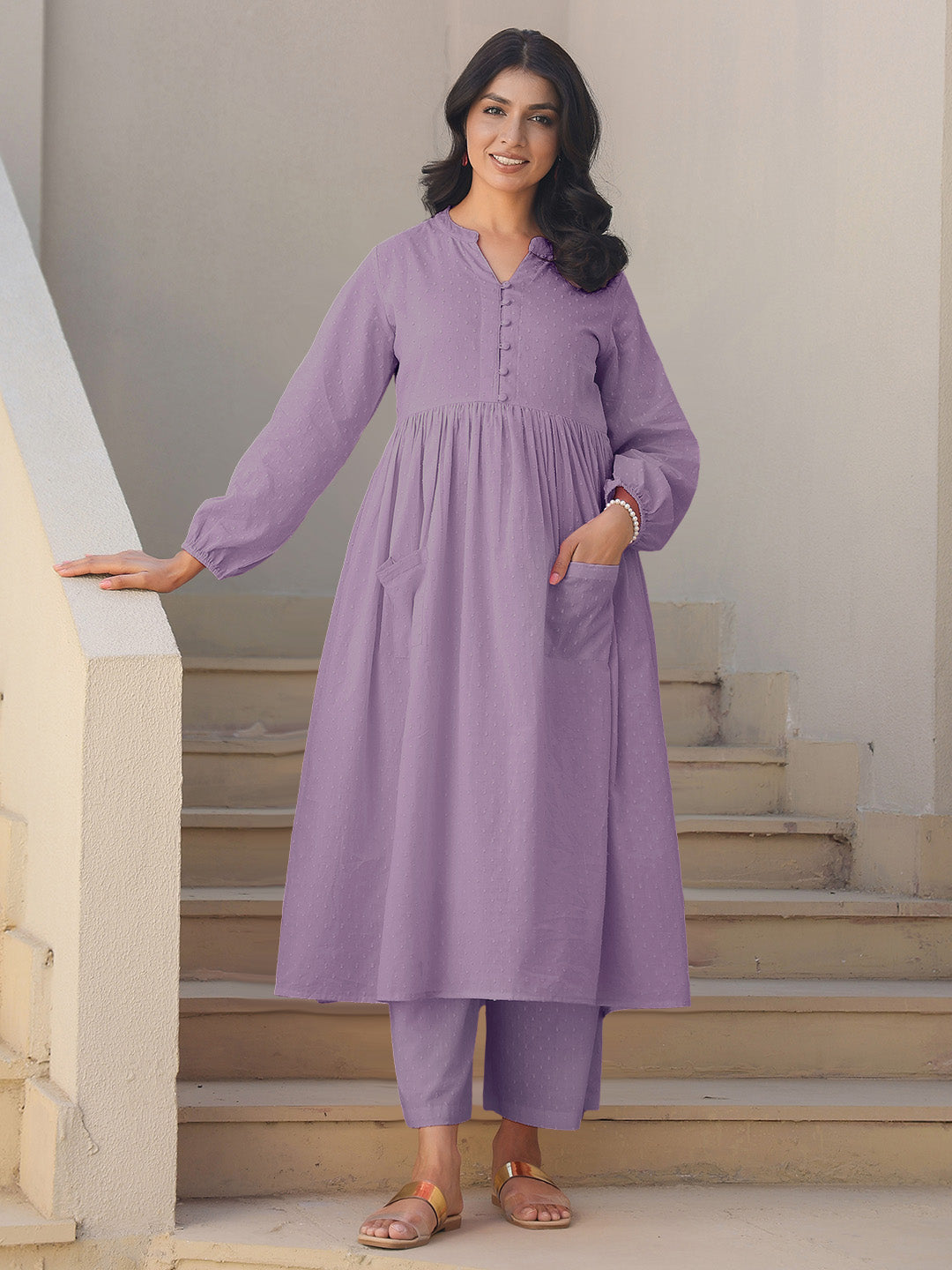 Janasya Light Dobby Cotton Self Design A-Line Kurta Set - Distacart