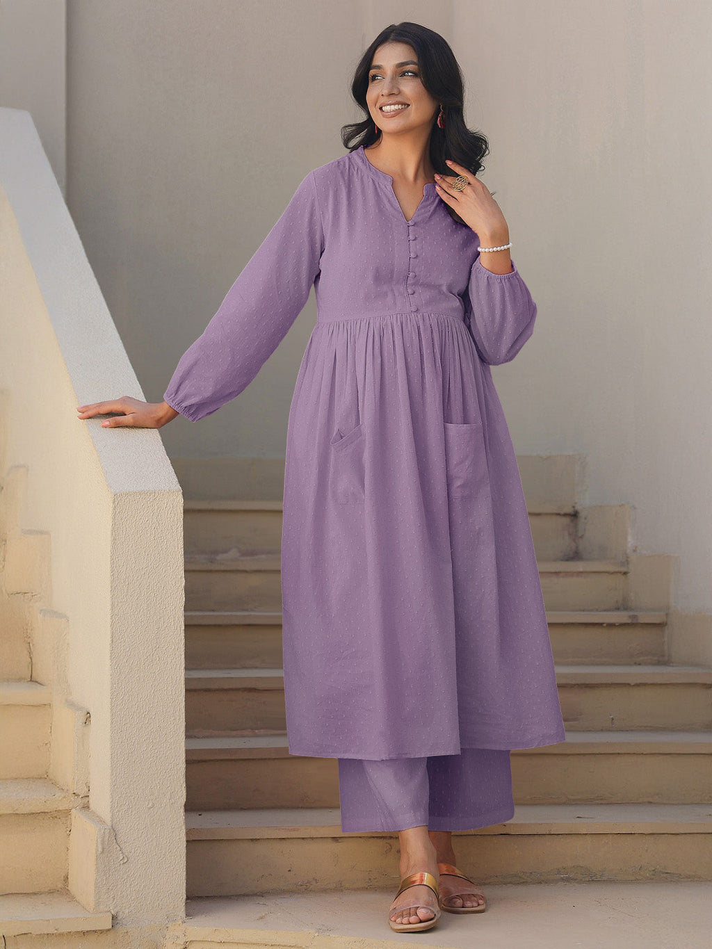 Janasya Light Dobby Cotton Self Design A-Line Kurta Set - Distacart