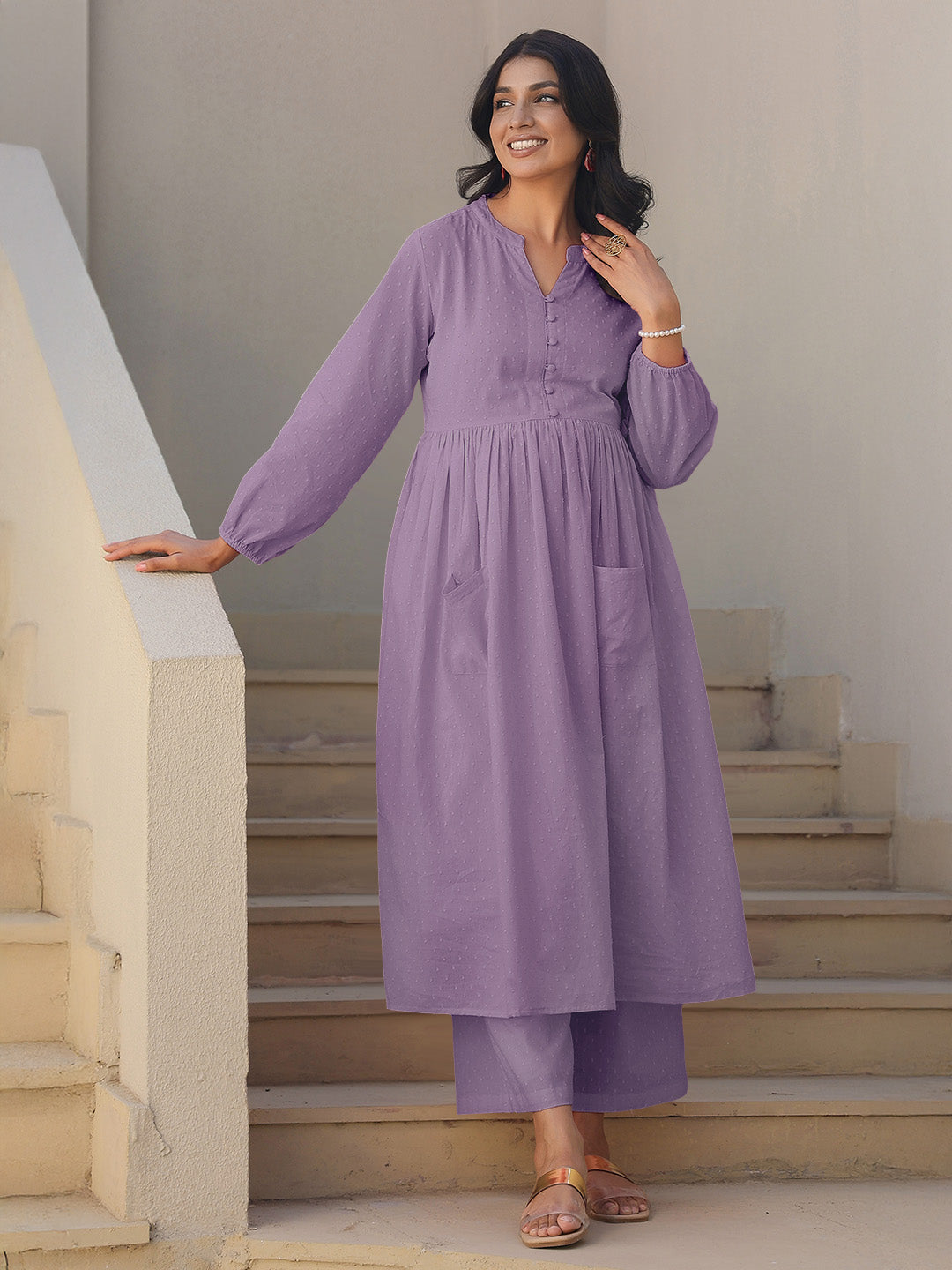 Janasya Light Dobby Cotton Self Design A-Line Kurta Set - Distacart