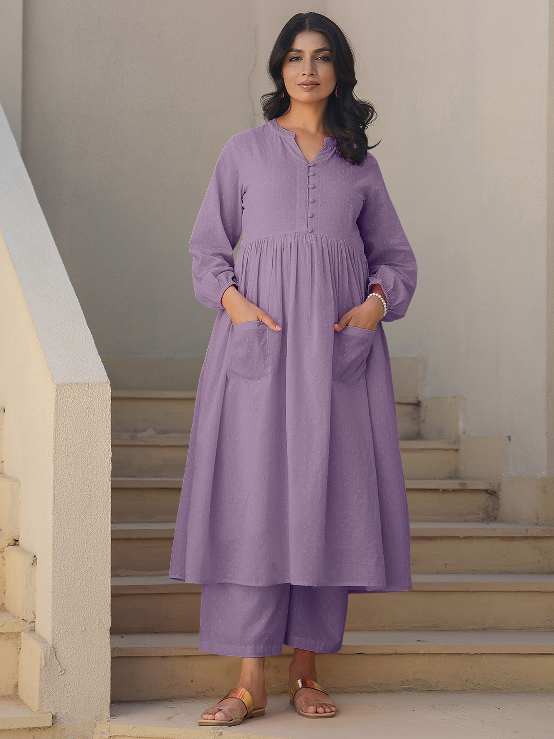 Janasya Light Dobby Cotton Self Design A-Line Kurta Set - Distacart