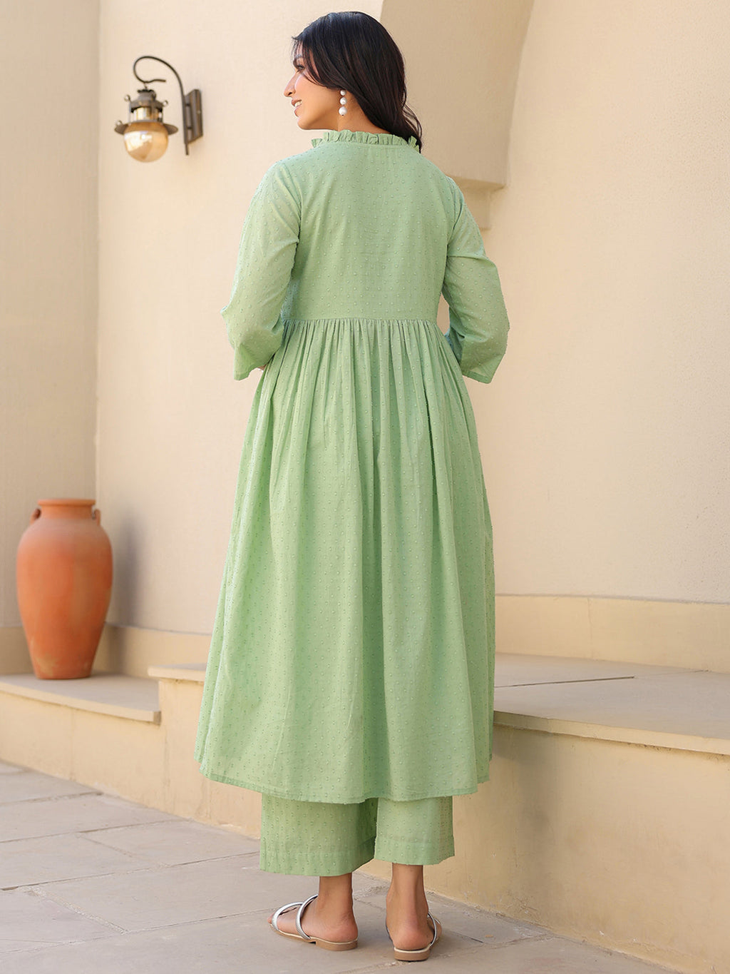 Janasya Light Dobby Cotton Self Design A-Line Kurta Set