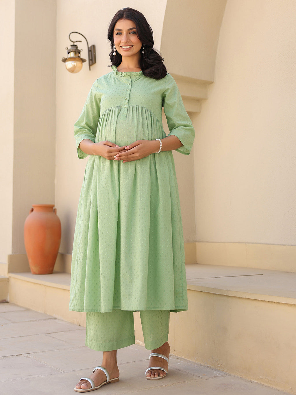 Janasya Light Dobby Cotton Self Design A-Line Kurta Set