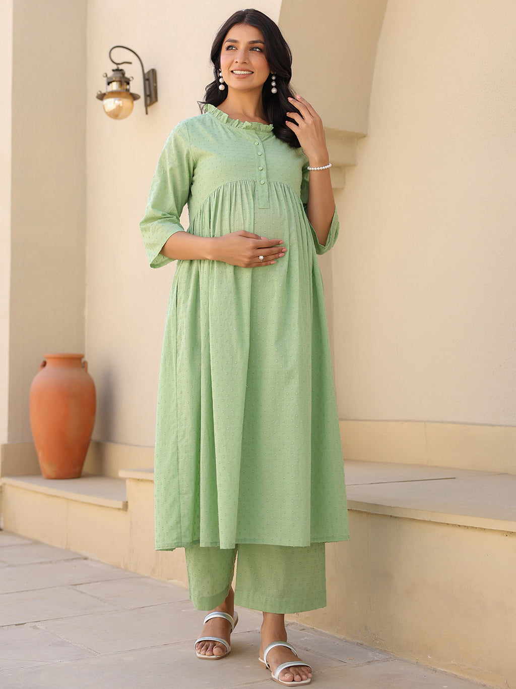 Janasya Light Dobby Cotton Self Design A-Line Kurta Set