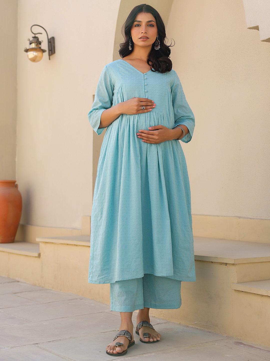 Janasya Light Dobby Cotton Self Design A-Line Top & Bottom Set