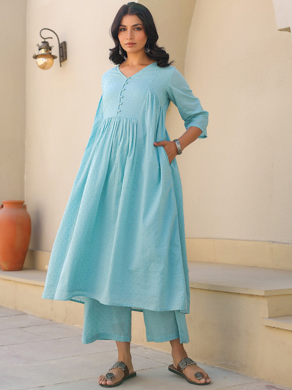 Janasya Light Dobby Cotton Self Design A-Line Top & Bottom Set