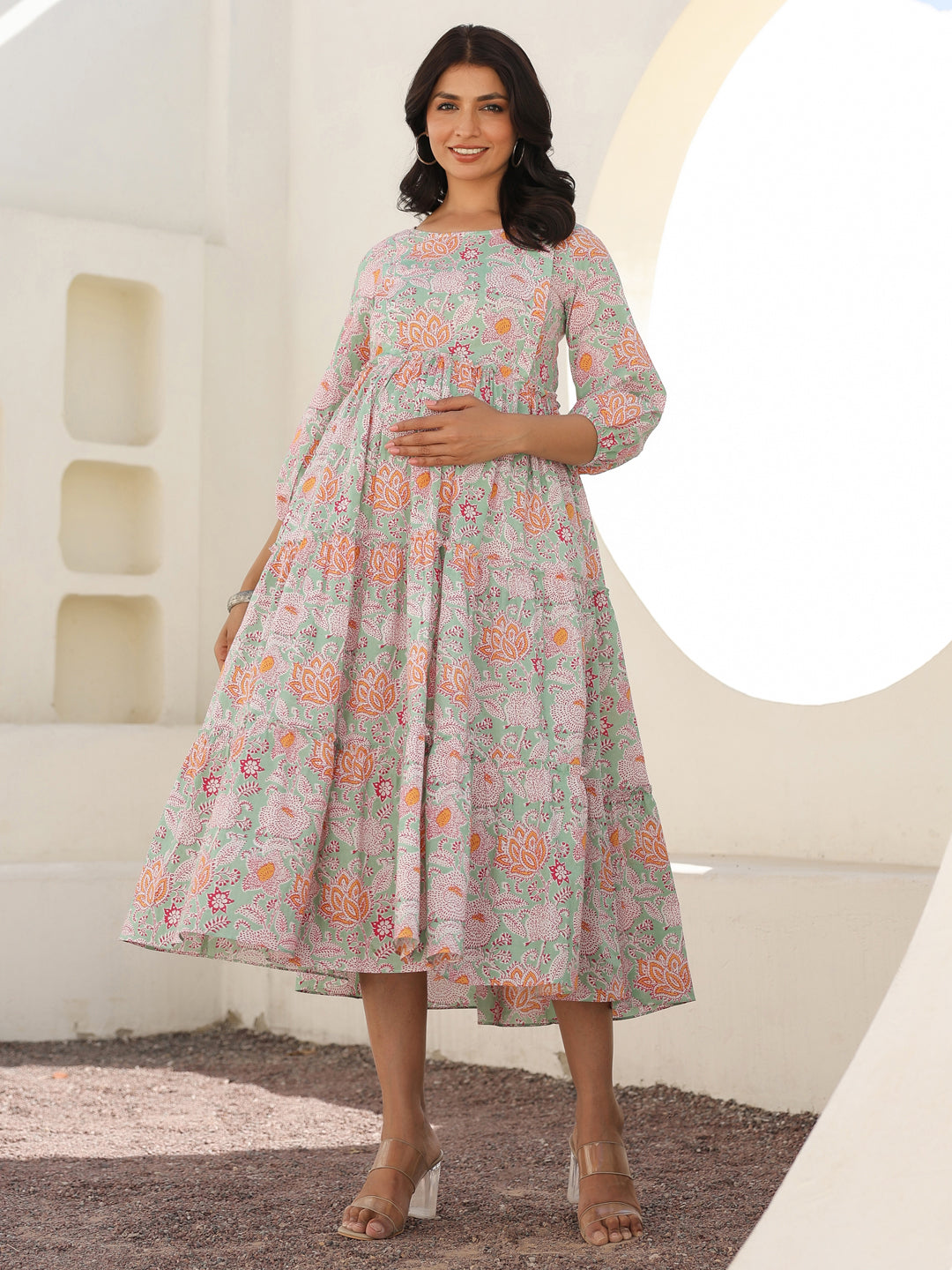 Janasya Light Cotton Floral A-Line Dress - Distacart