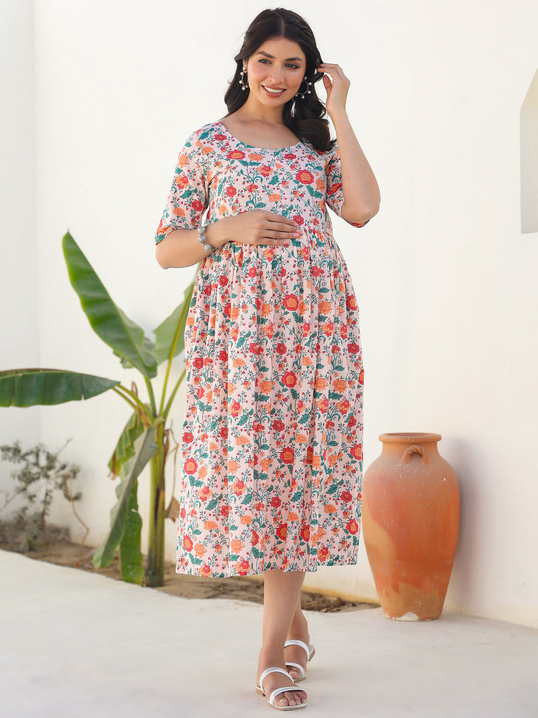 Janasya Bright Cotton Floral Fit & Flare Dress - Distacart