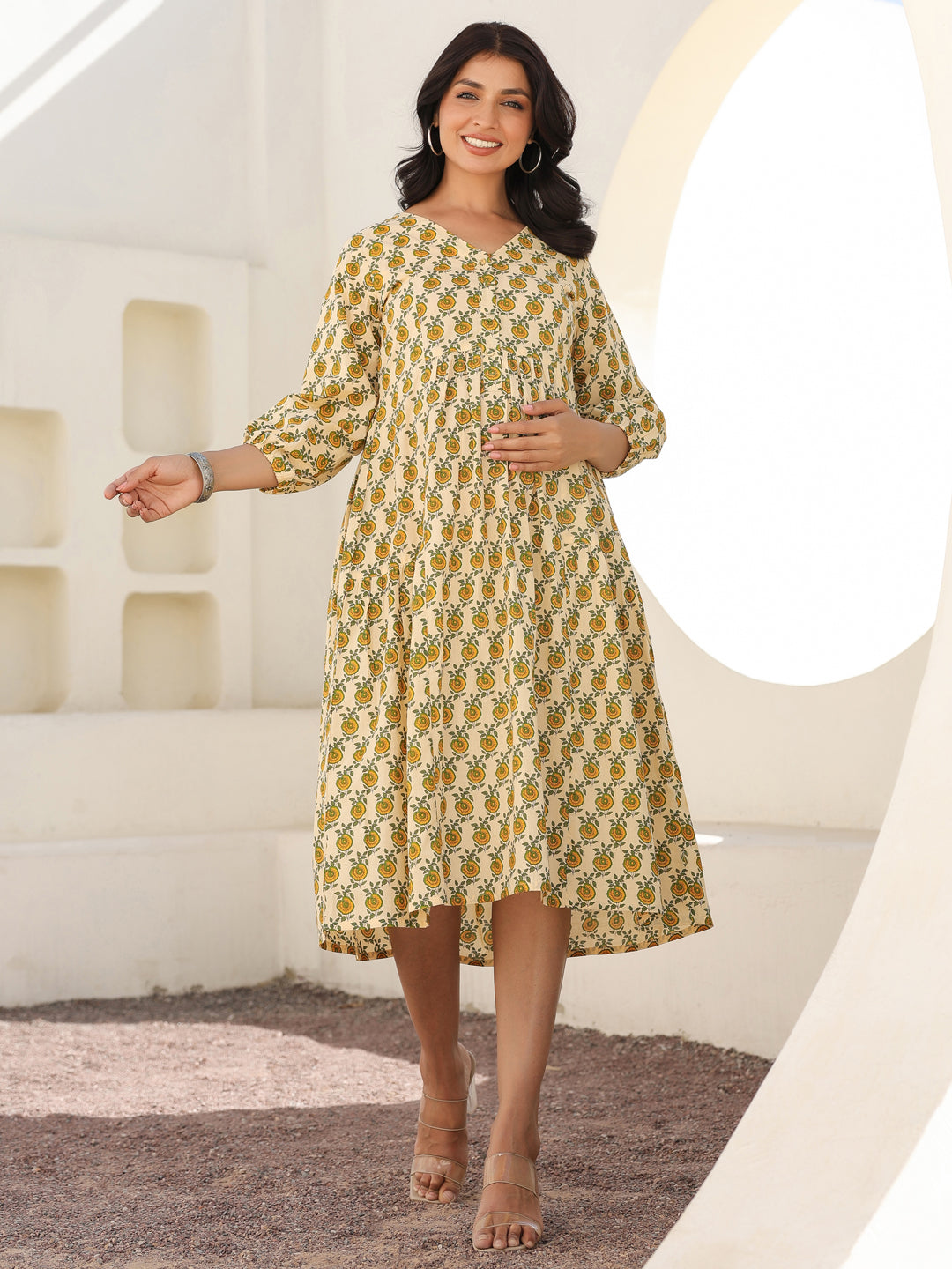 Janasya Light Cotton Floral A-Line Dress - Distacart