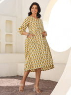 Janasya Light Cotton Floral A-Line Dress - Distacart