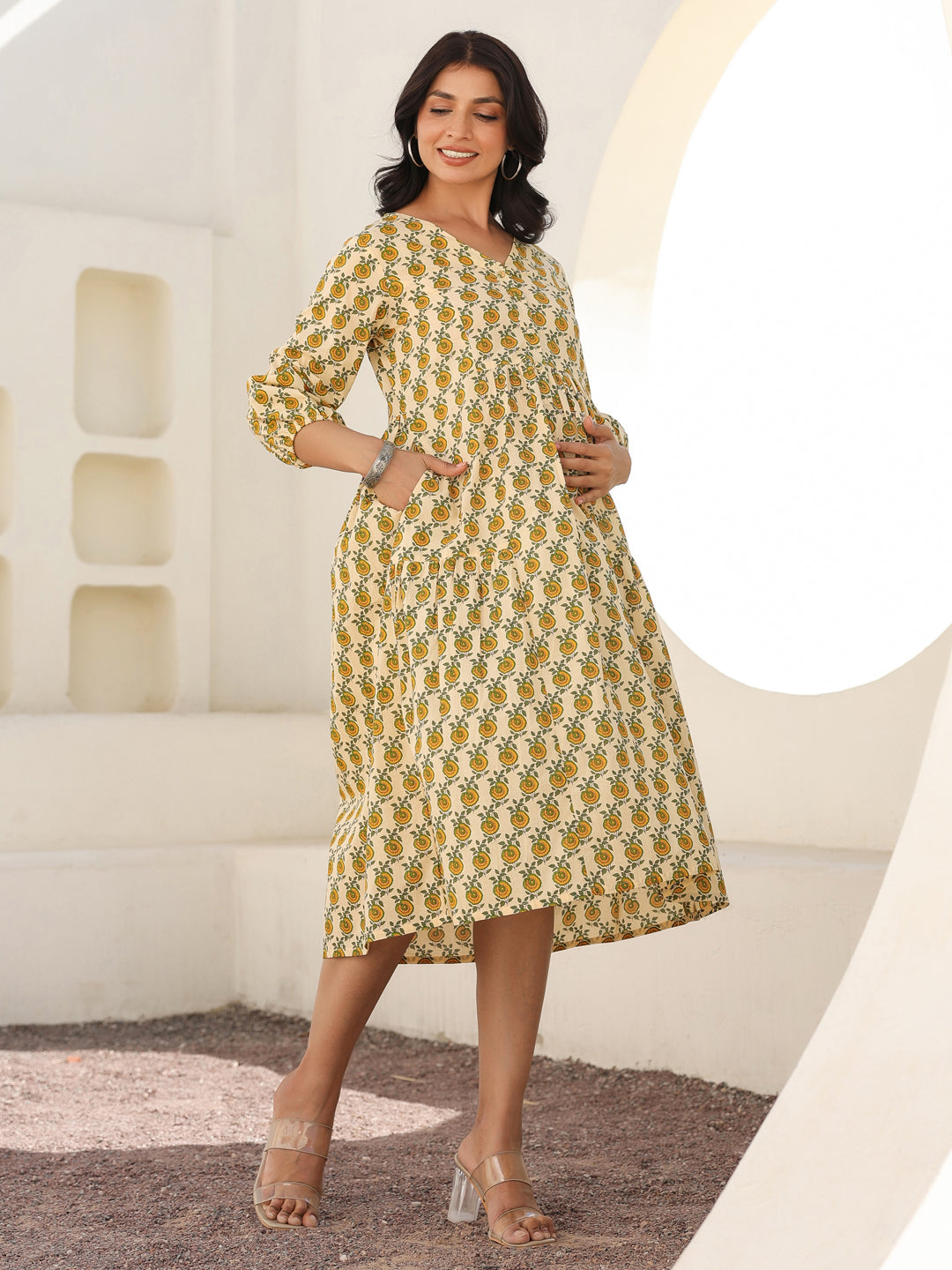 Janasya Light Cotton Floral A-Line Dress - Distacart
