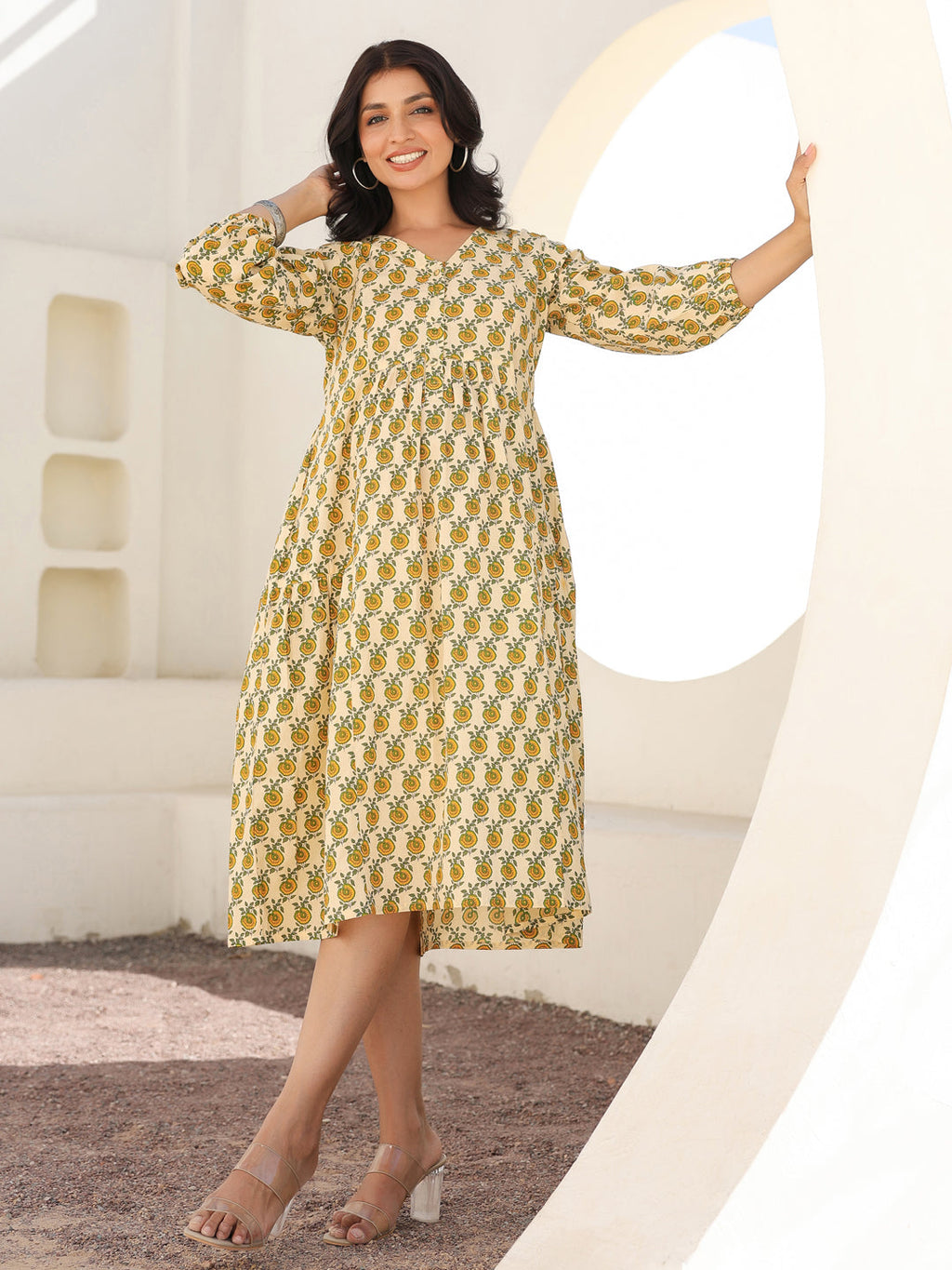 Janasya Light Cotton Floral A-Line Dress - Distacart