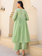 Janasya Light Dobby Cotton Yoke Embroidery A-Line Kurta Set