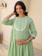Janasya Light Dobby Cotton Yoke Embroidery A-Line Kurta Set