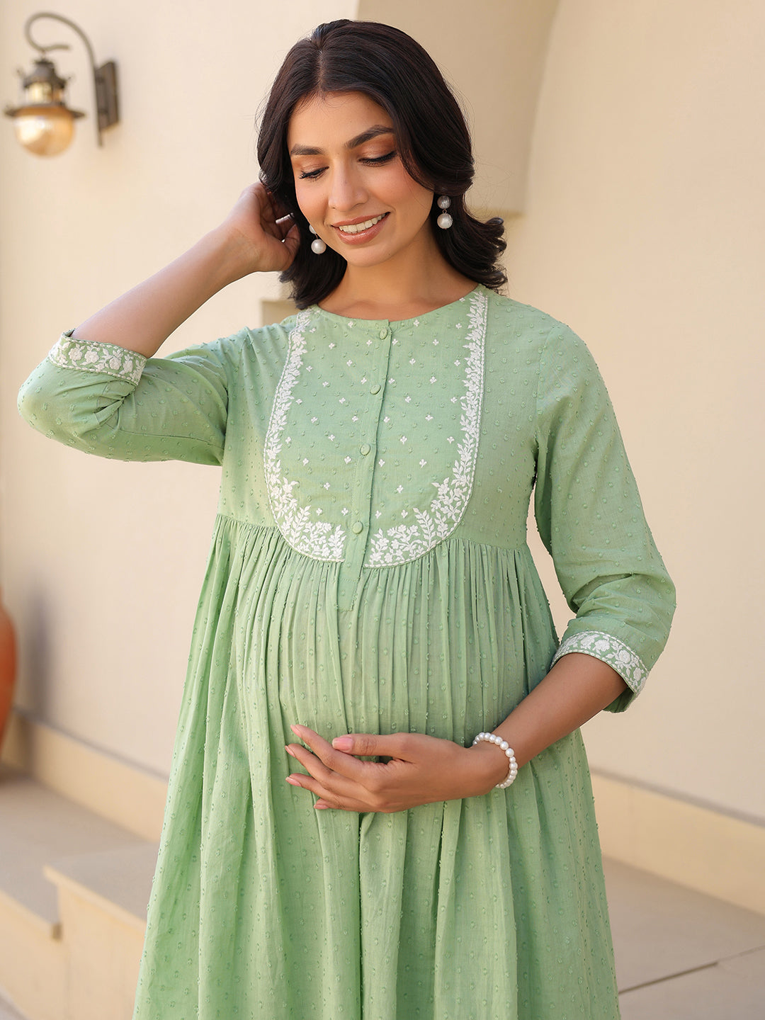 Janasya Light Dobby Cotton Yoke Embroidery A-Line Kurta Set