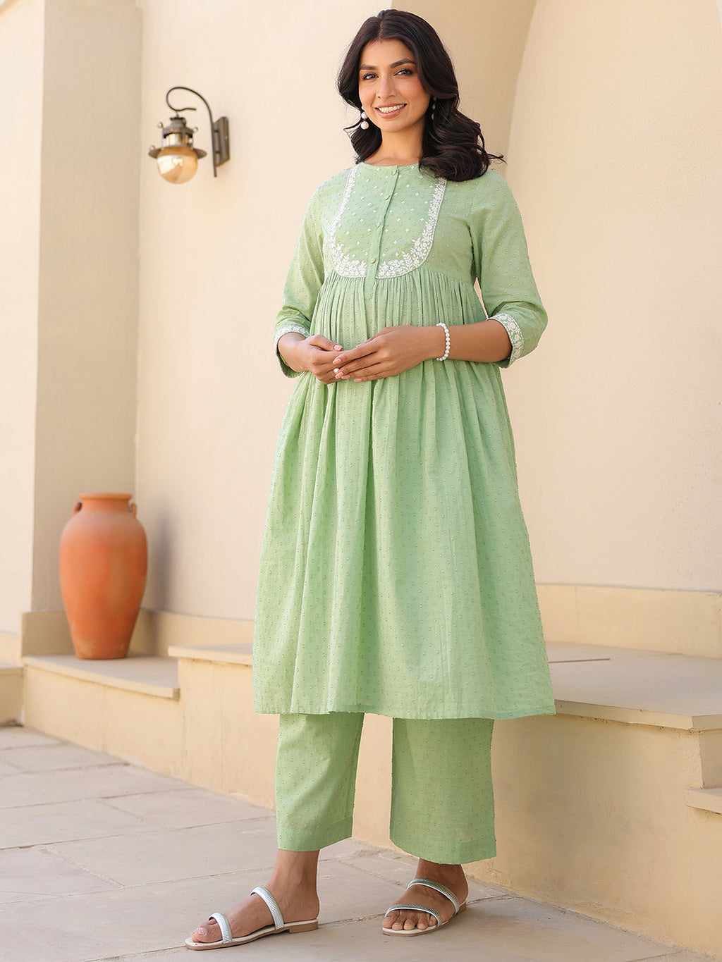 Janasya Light Dobby Cotton Yoke Embroidery A-Line Kurta Set
