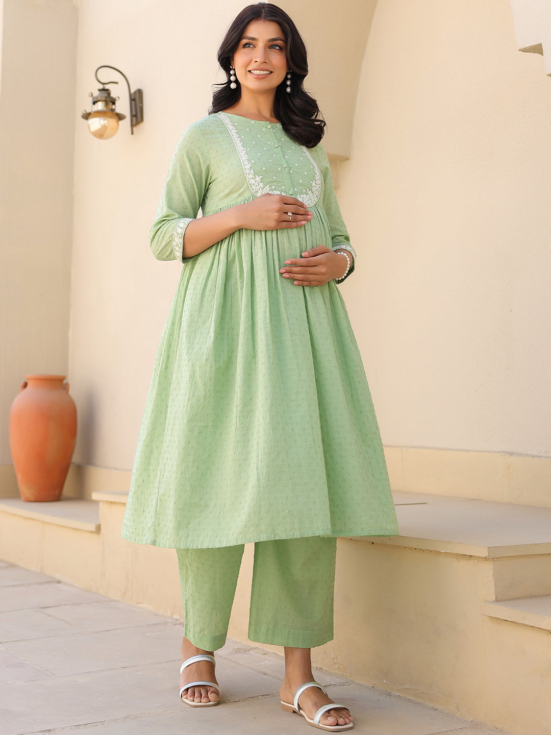 Janasya Light Dobby Cotton Yoke Embroidery A-Line Kurta Set