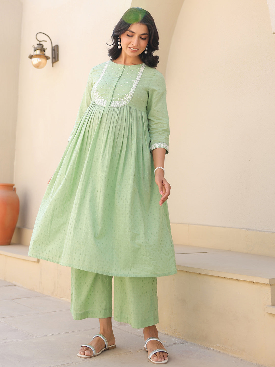 Janasya Light Dobby Cotton Yoke Embroidery A-Line Kurta Set