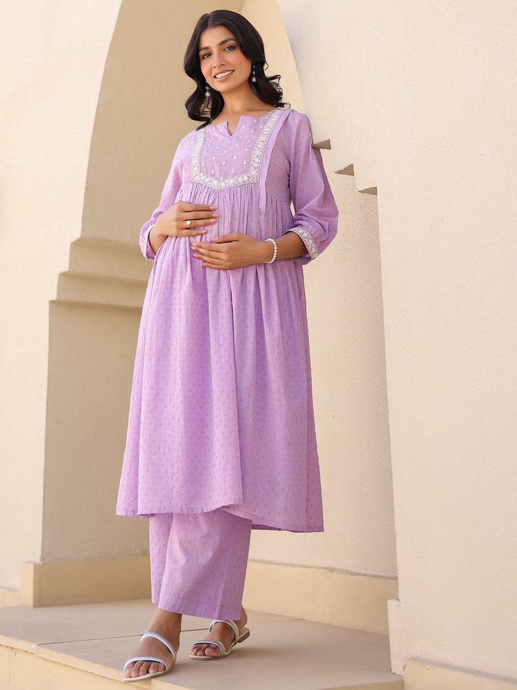 Janasya Bright Dobby Cotton Yoke Embroidery A-Line Kurta Set - Distacart