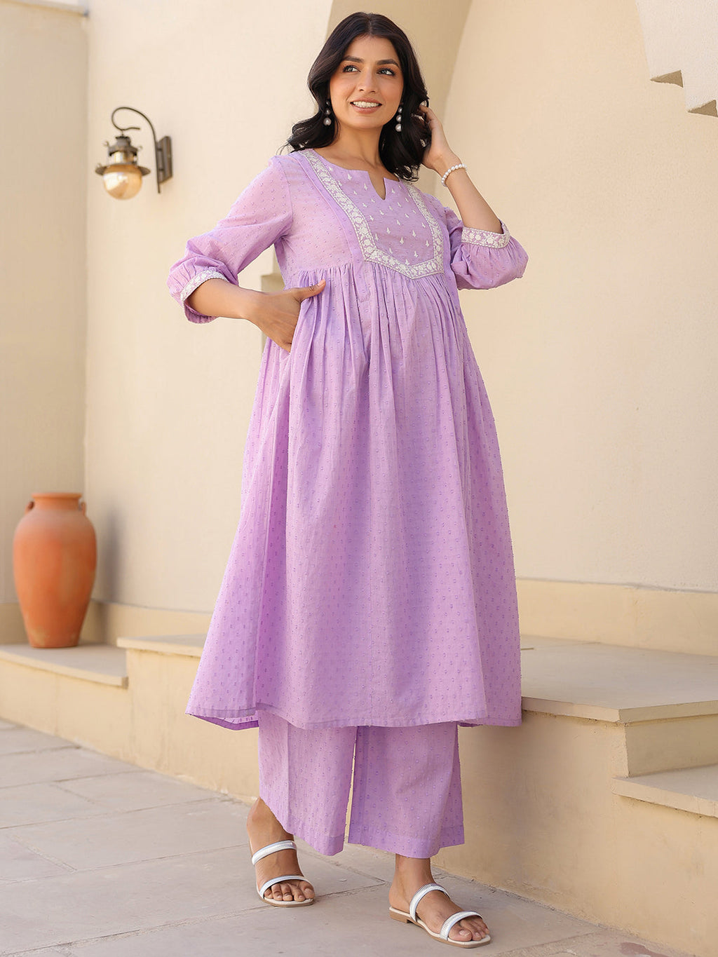 Janasya Bright Dobby Cotton Yoke Embroidery A-Line Kurta Set - Distacart
