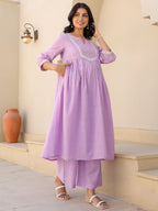 Janasya Bright Dobby Cotton Yoke Embroidery A-Line Kurta Set - Distacart