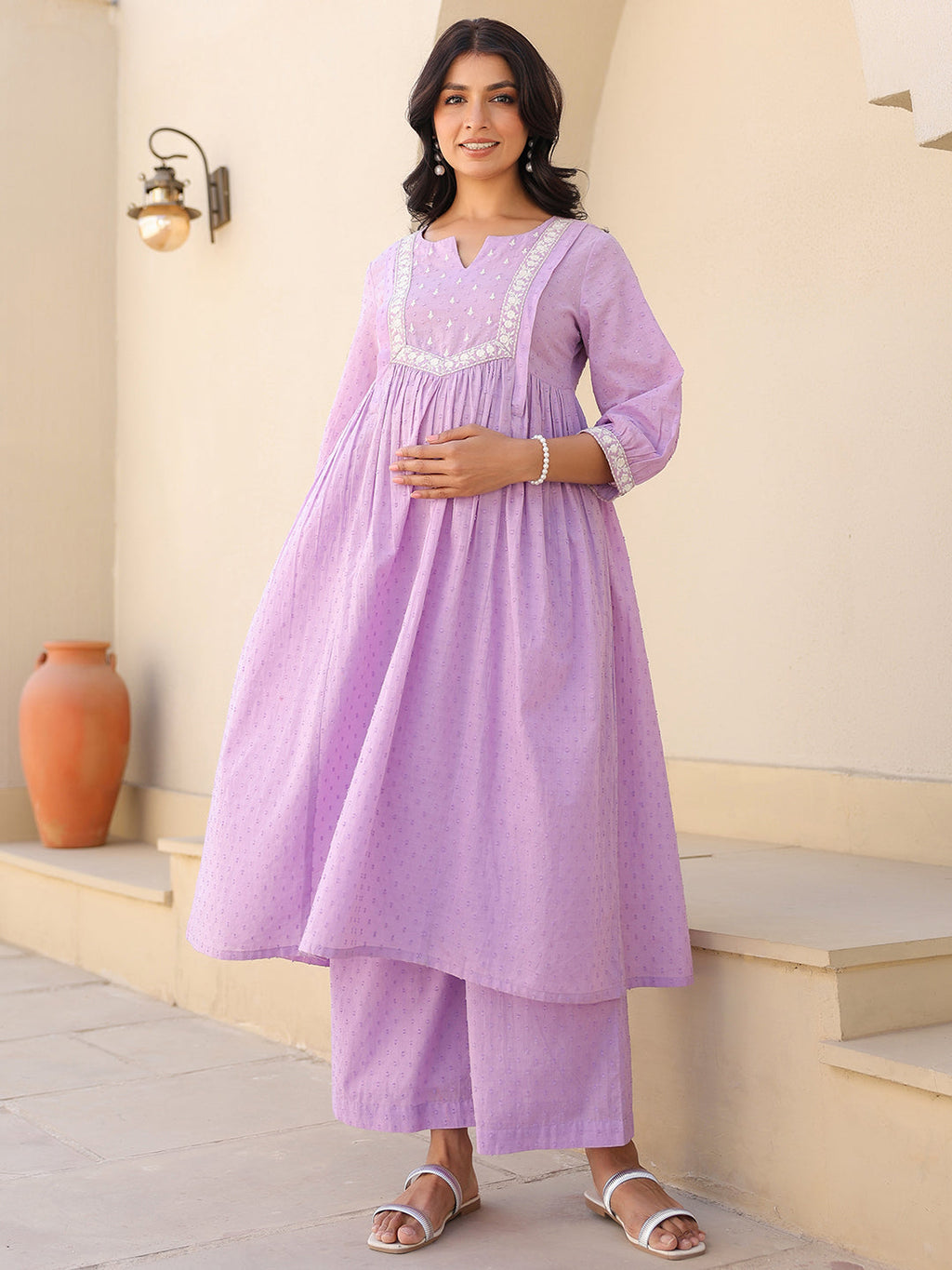 Janasya Bright Dobby Cotton Yoke Embroidery A-Line Kurta Set - Distacart