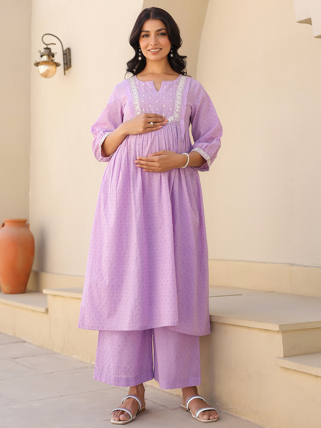Janasya Bright Dobby Cotton Yoke Embroidery A-Line Kurta Set - Distacart