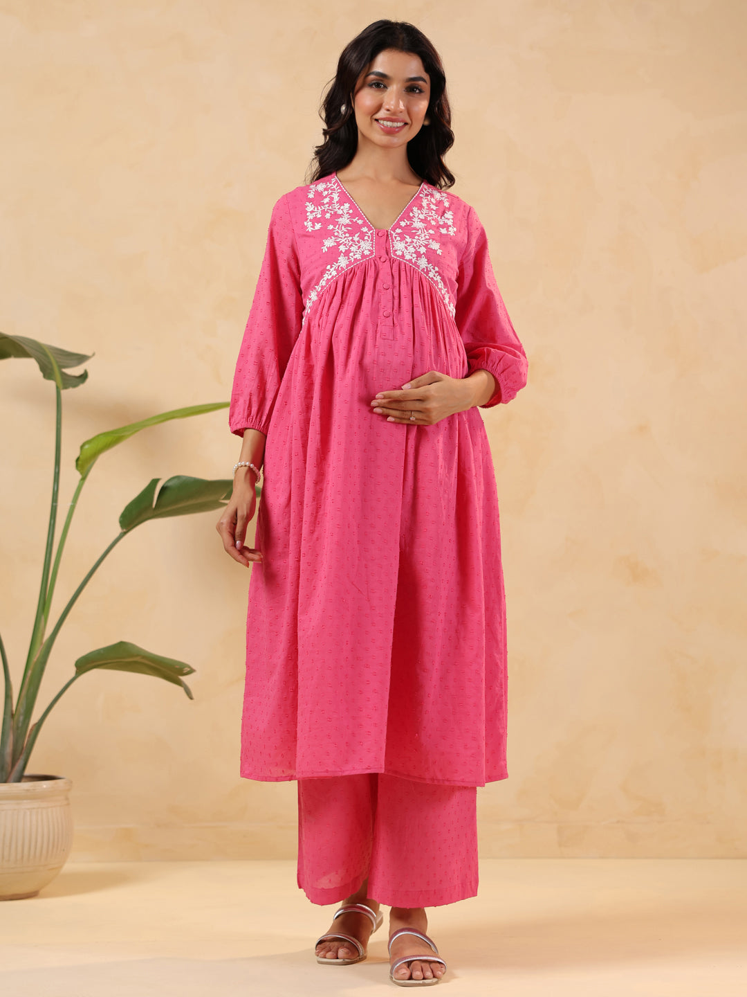 Janasya Light Dobby Cotton Yoke Embroidery A-Line Kurta Set - Distacart
