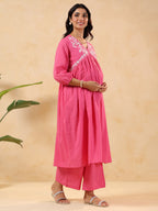 Janasya Light Dobby Cotton Yoke Embroidery A-Line Kurta Set - Distacart
