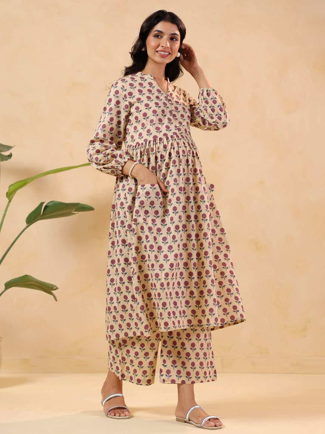 Janasya Light Cotton Floral A-Line Kurta Set - Distacart
