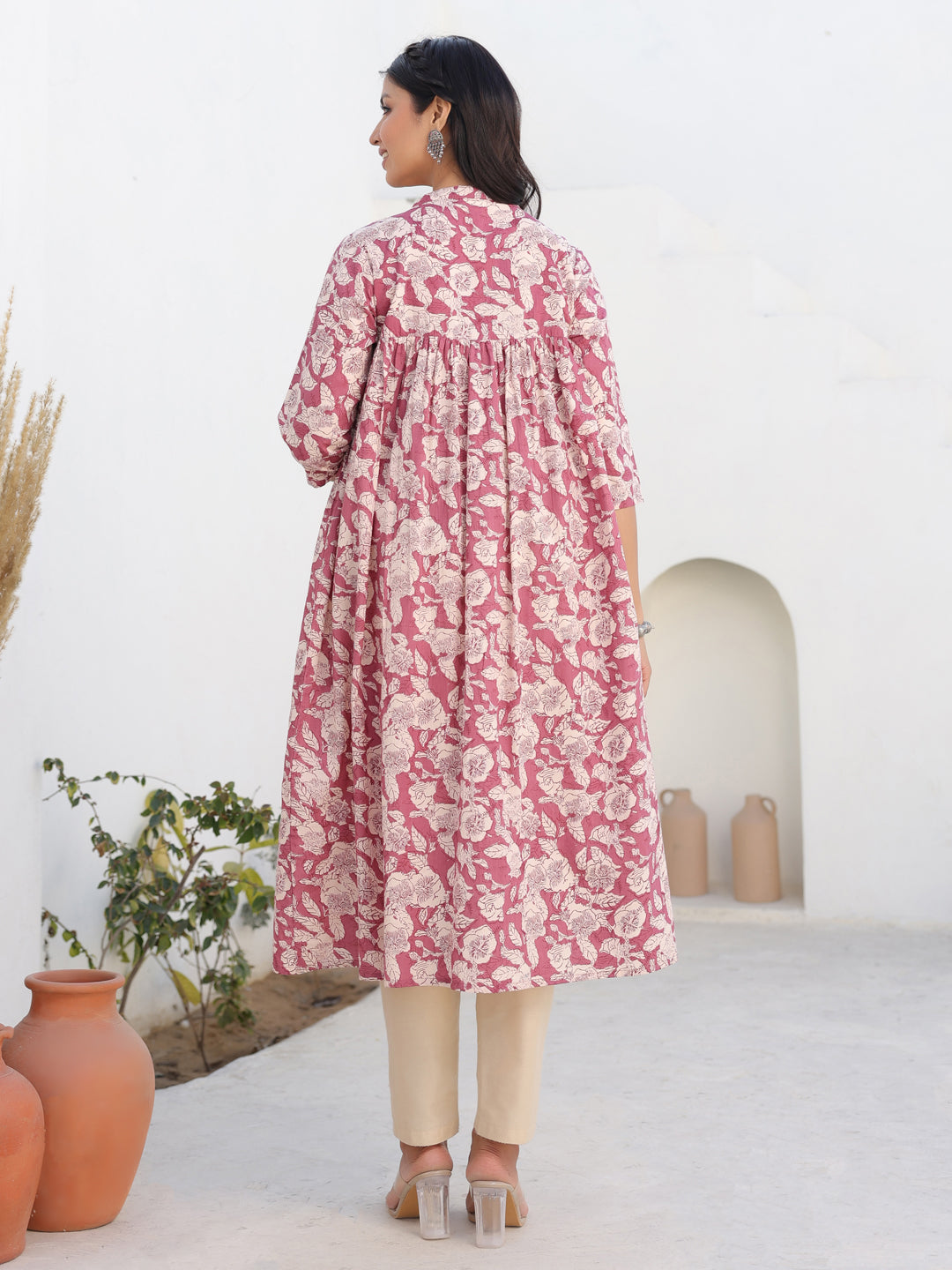Janasya Light Cotton Floral Gathered Kurta - Distacart