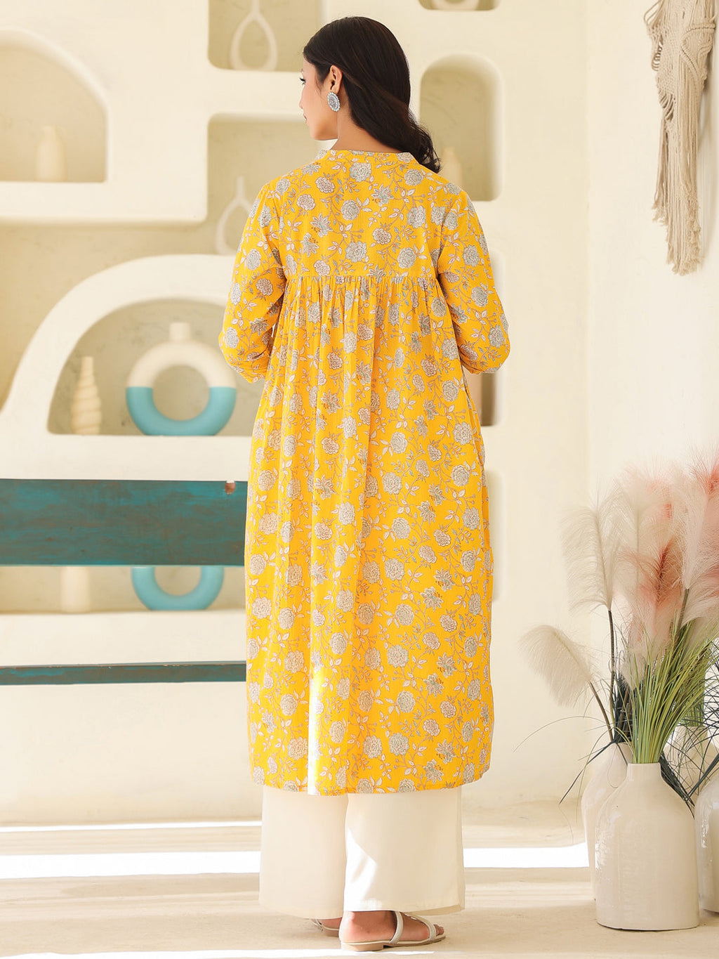 Janasya Bright Cotton Floral Gathered Kurta - Distacart