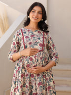 Janasya Dark Cotton Floral Gathered Kurta - Distacart