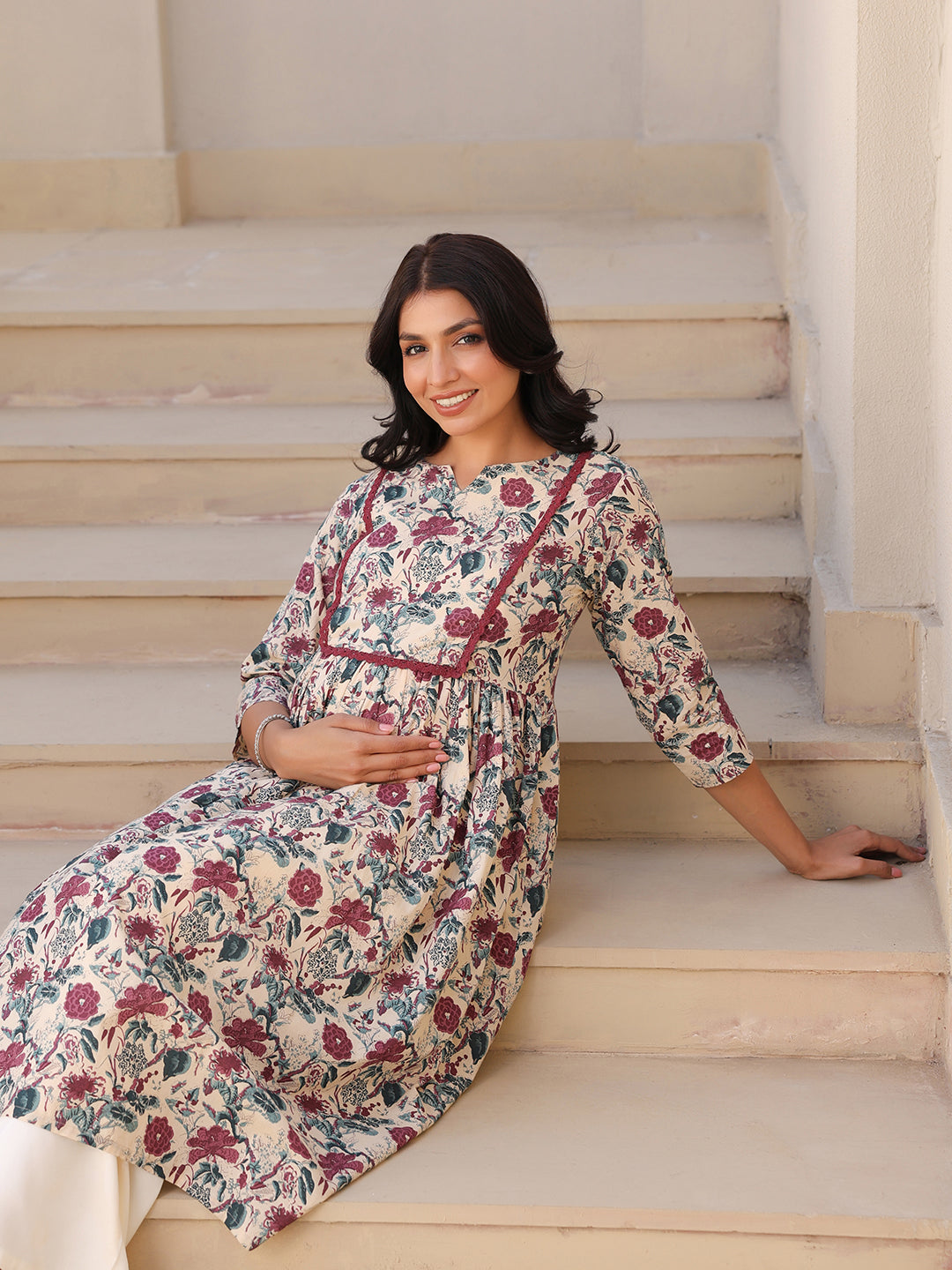 Janasya Dark Cotton Floral Gathered Kurta - Distacart