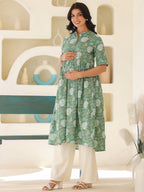 Janasya Dark Cotton Floral A-Line Kurta