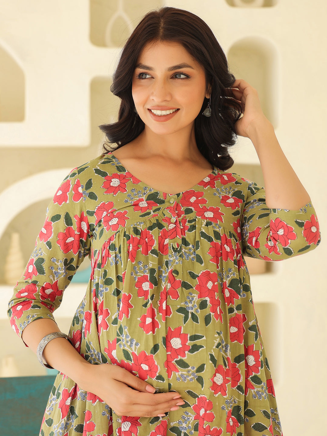 Janasya Dark Cotton Floral Gathered Kurta - Distacart
