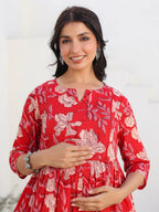 Janasya Dark Cotton Floral A-Line Kurta