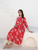Janasya Dark Cotton Floral A-Line Kurta