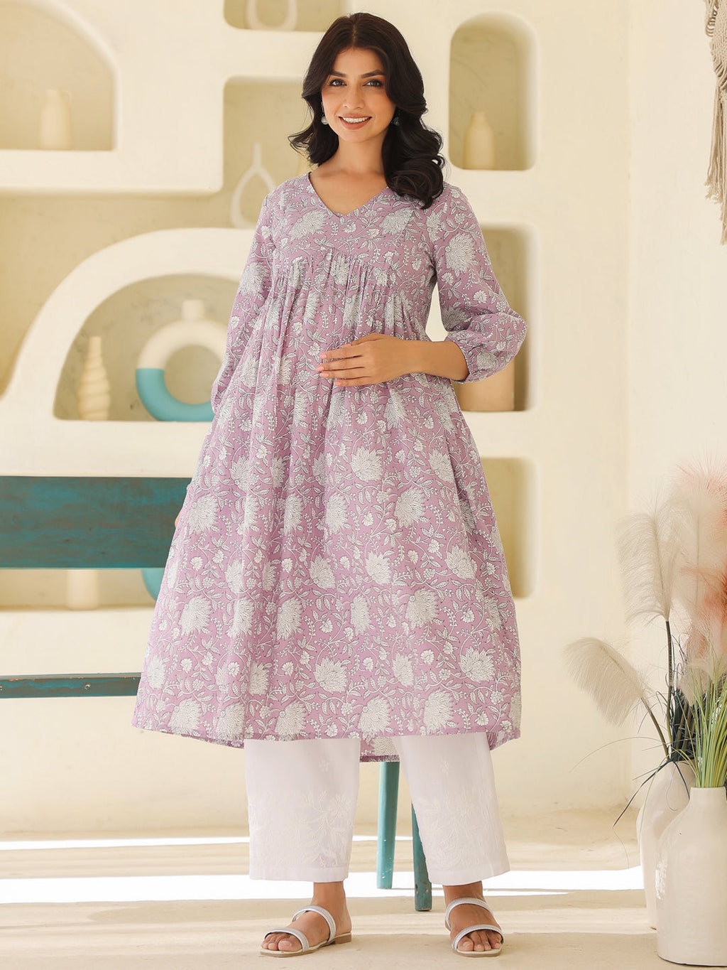 Janasya Light Cotton Floral A-Line Kurta